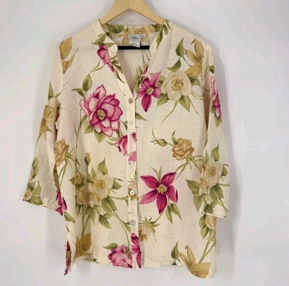 Hot Cotton Women Small 100% Linen Floral Button Up Blouse 3/4 Sleeve Made in USA